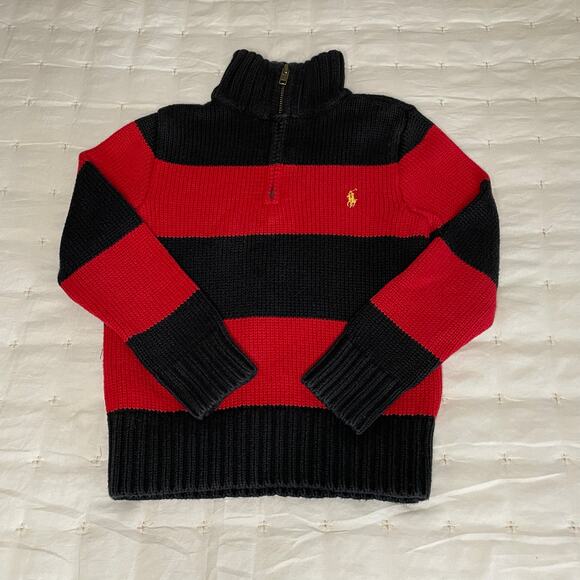Polo Ralph Lauren Rugby Stripe 1/4 Zip Sweater Boys 4/4T | Red/Black Long Sleeve - Picture 4 of 10